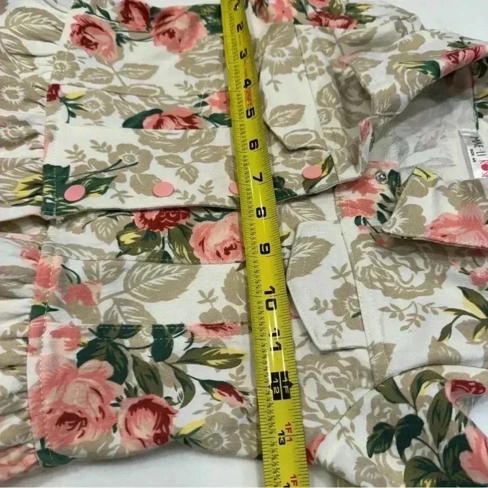 Mae Li Rose girls floral denim jacket with ivory lace trim & pink snaps size 4/5